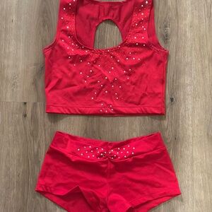 Red Rhinestone Crop Top and Shorts Set